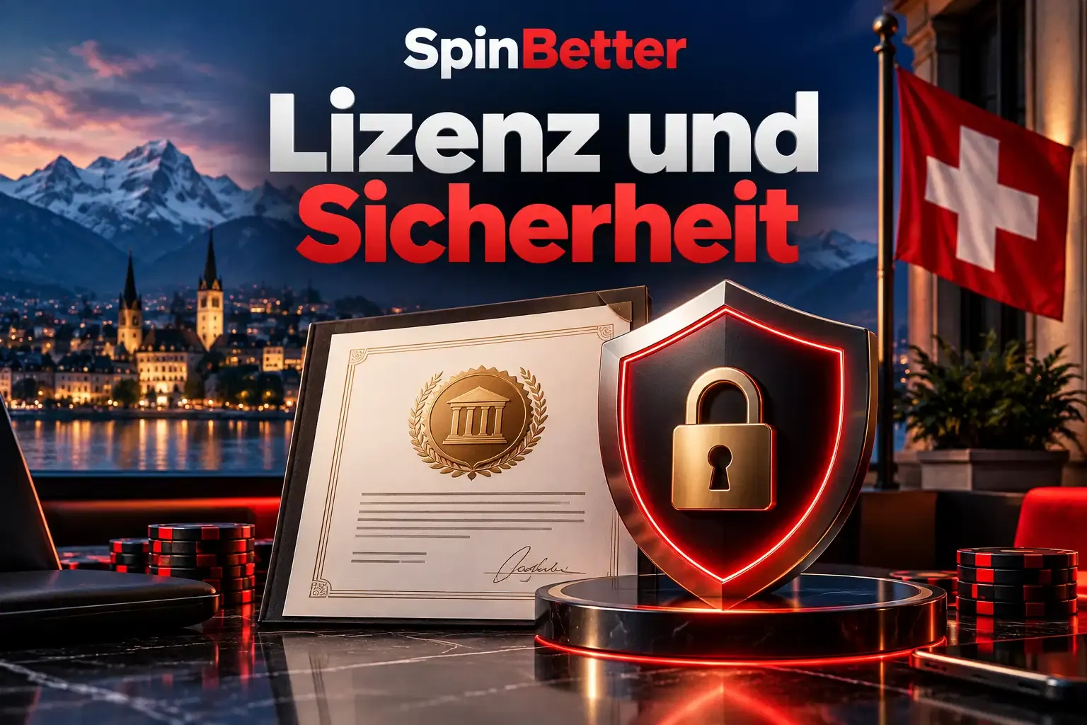 Lizenzurkunde mit Siegel neben einem Schild mit Vorhängeschloss