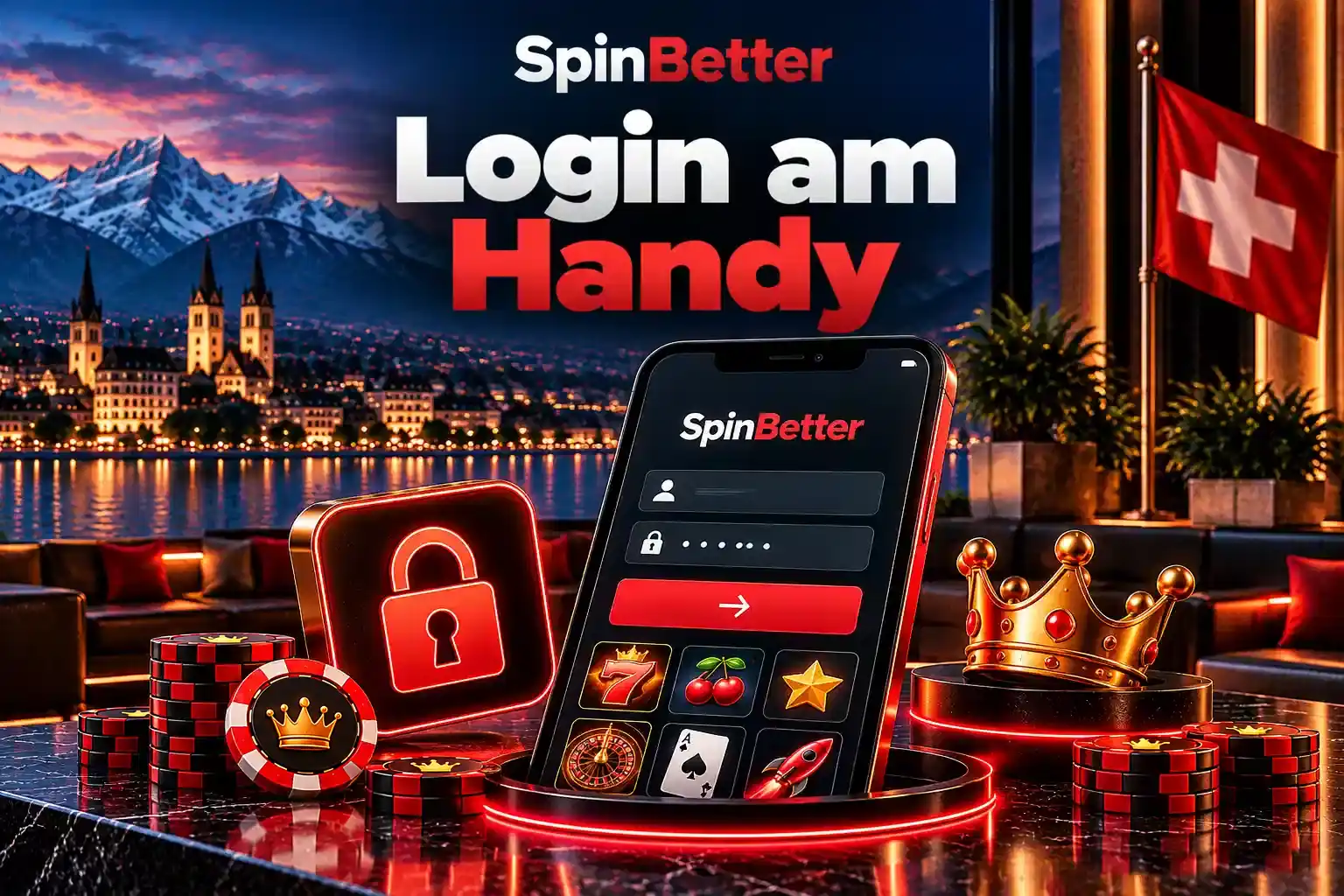 Anmeldung am Smartphone mit Eingabefeldern, Schloss-Symbol und Spielauswahl darunter