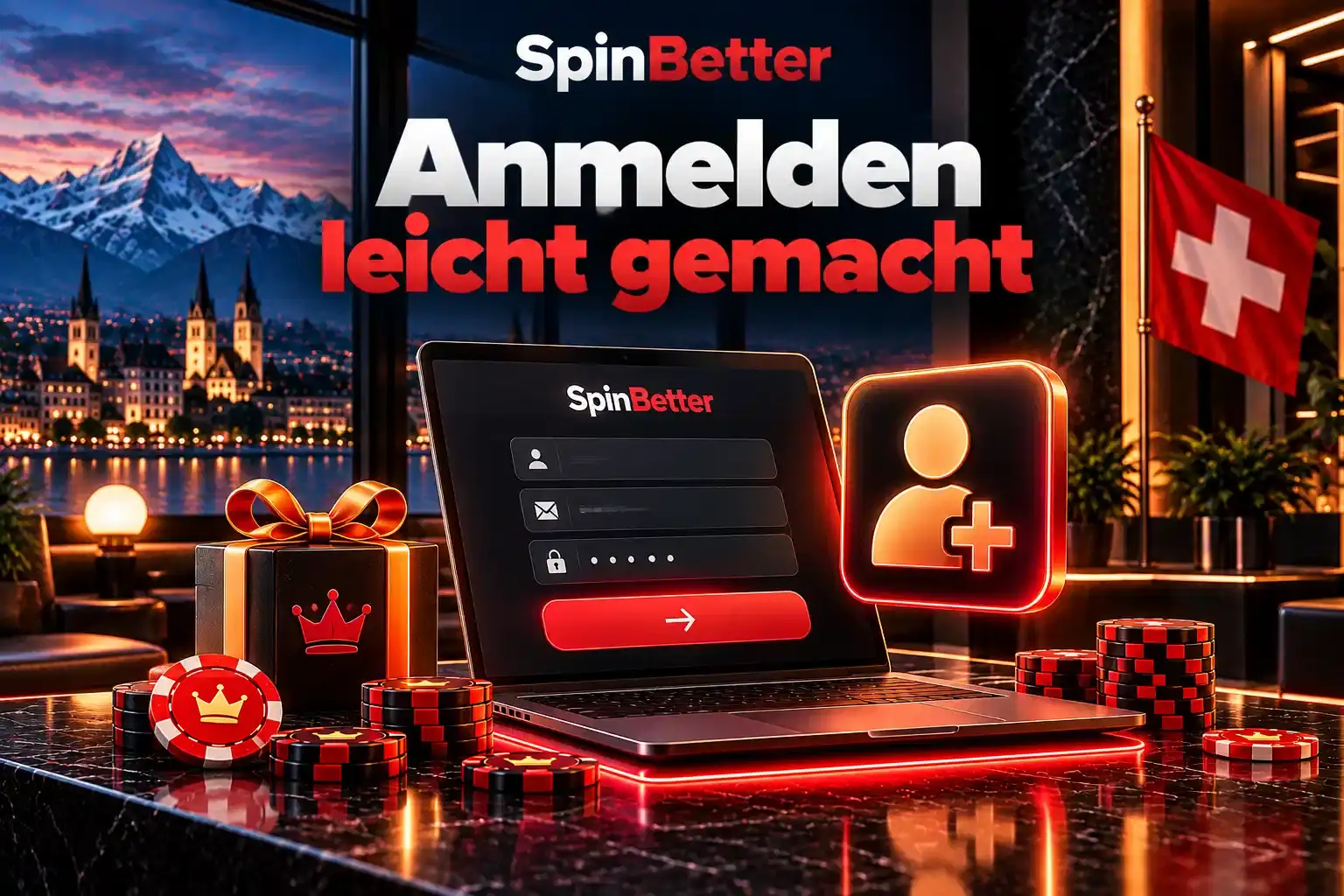 Registrierungsmaske auf dem Laptop neben einem Symbol für neuen Benutzer und einem Geschenk