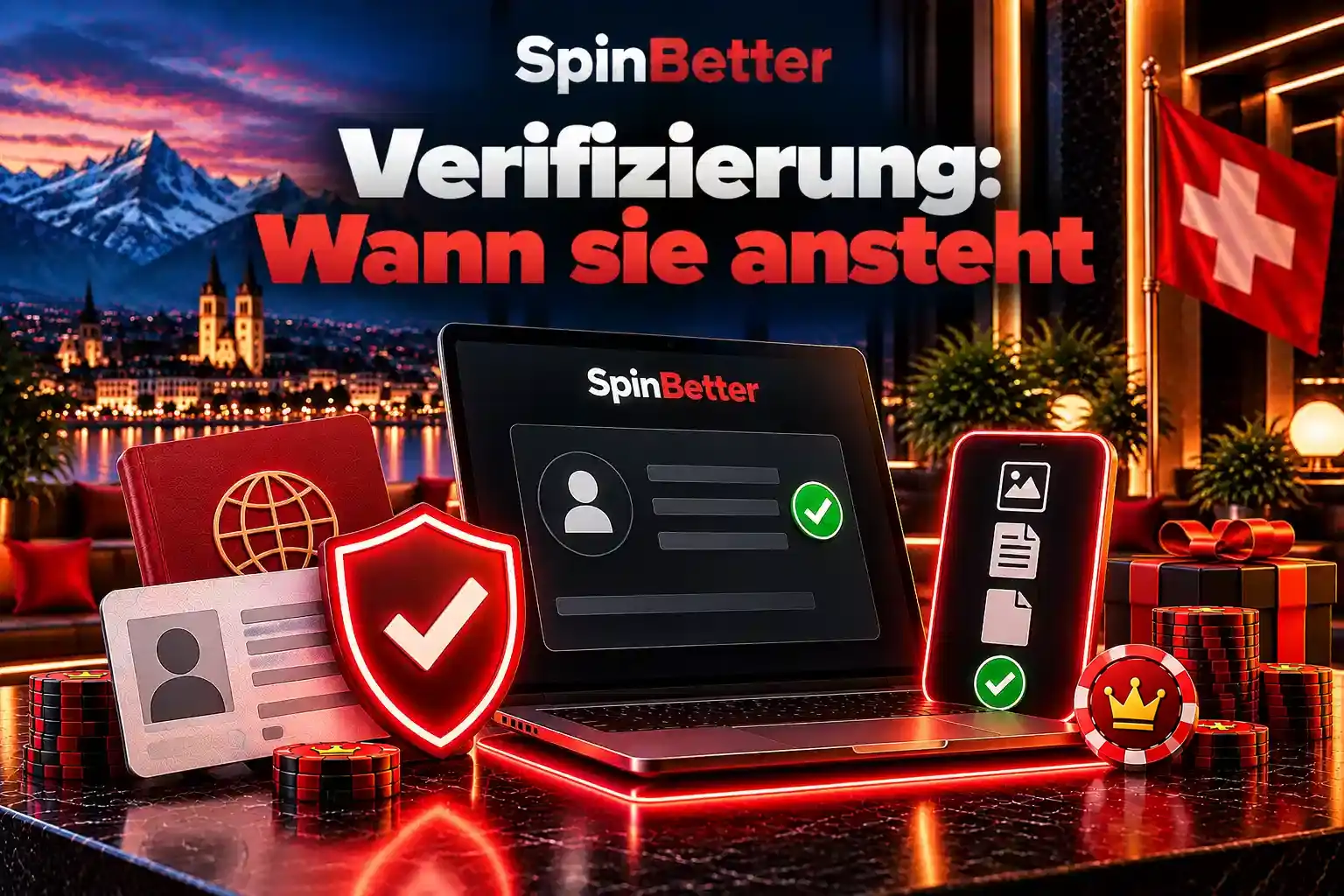 Laptop mit Profil und grünem Häkchen neben Reisepass, Ausweis und Smartphone mit Dokumenten